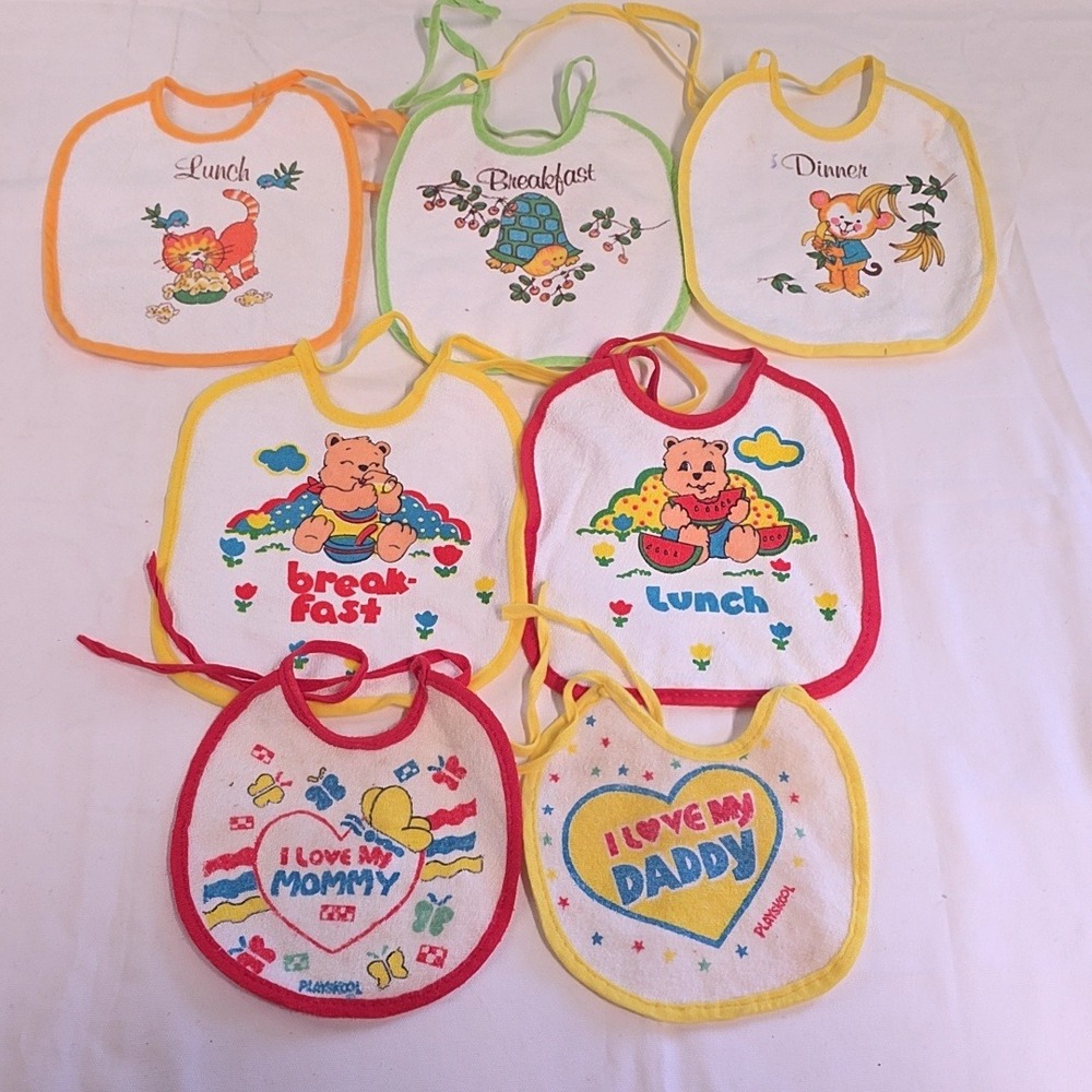 Playskool Vintage Baby Bibs Lot of 7 Multicolor Retro Terry Cloth Mealtime Tie